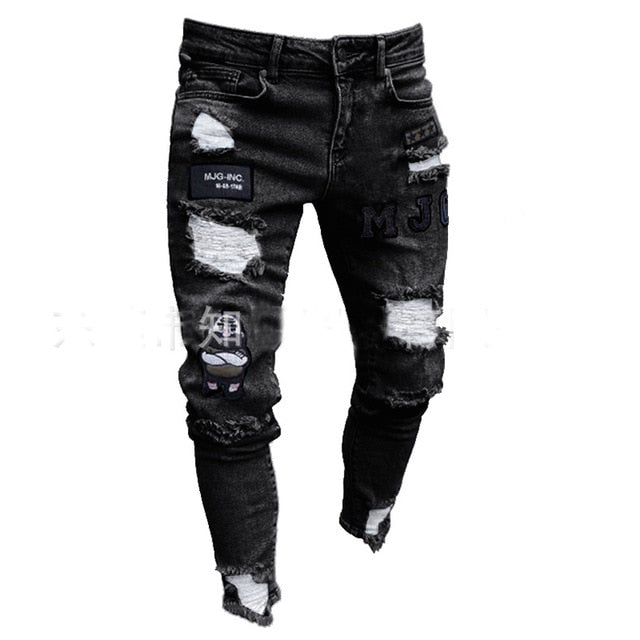 3 Styles Skinny Biker Embroidery Print Jeans