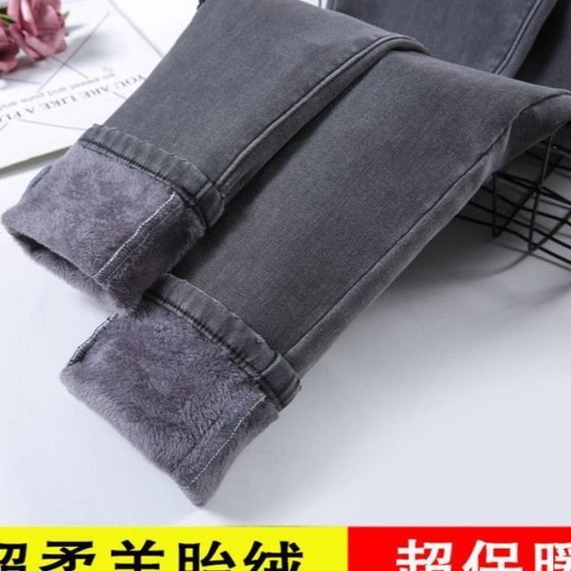 High Waist Velvet Thick Jeans Female Winter