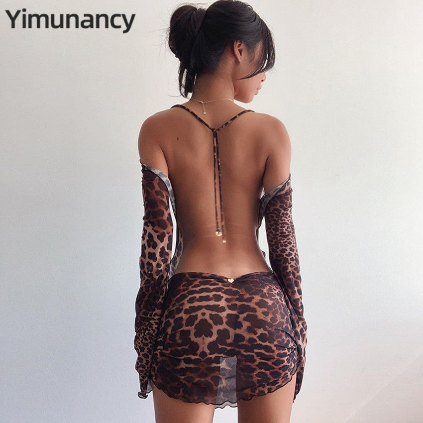 Leopard Print Backless Dress Women