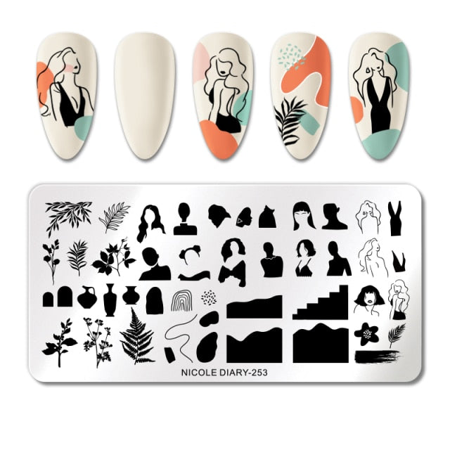 Lady Face Nail Stamp Templates Leaf Floral Printing Stencil