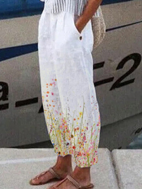 Retro Floral Print Cotton Long Pants Women