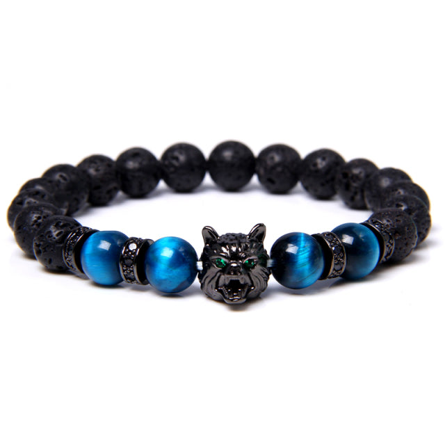 Wolf Charm Bracelets Men Natural Black 8 mm