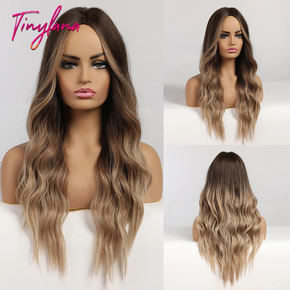 Long Ombre Wavy Wigs Brown Blonde Hair Wigs