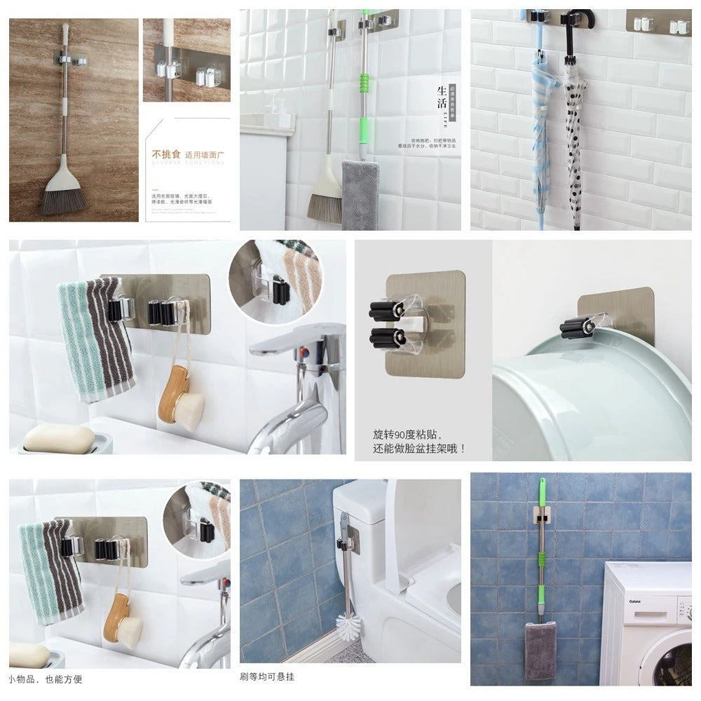 2/4pcs Adhesive Multi-Purpose Hooks Wall Mounted Mop Organizer