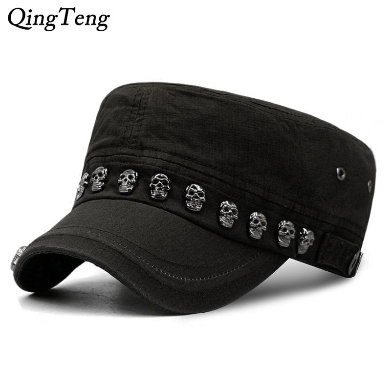 Hip Hop Skull Flat Hats Punk Rivet Ring Men Army