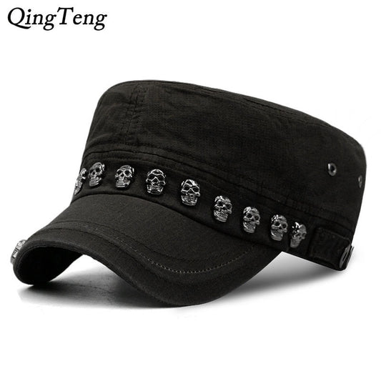 Hip Hop Skull Flat Hats Punk Rivet Ring Men Army