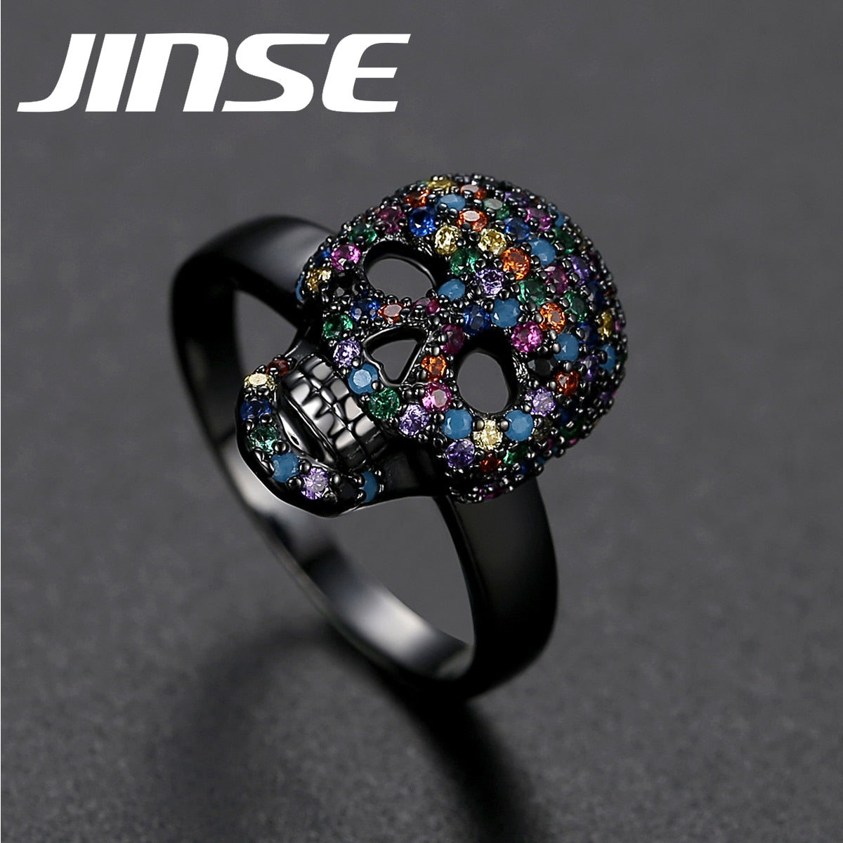 Punk Colorful CZ Skeleton Devil Ring Black White Bling