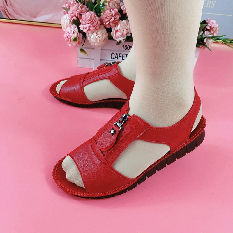 Women Sandals Zipper Flat Soft Pu Leather