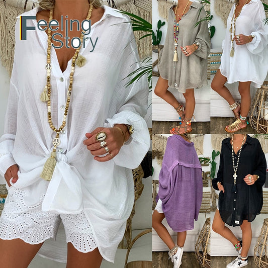 Long Sleeve Plus Size Linen Shirt Women White