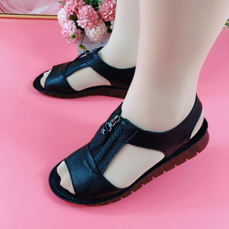 Women Sandals Zipper Flat Soft Pu Leather