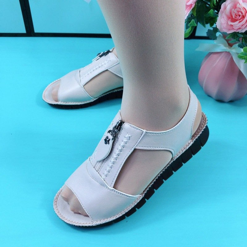 Women Sandals Zipper Flat Soft Pu Leather