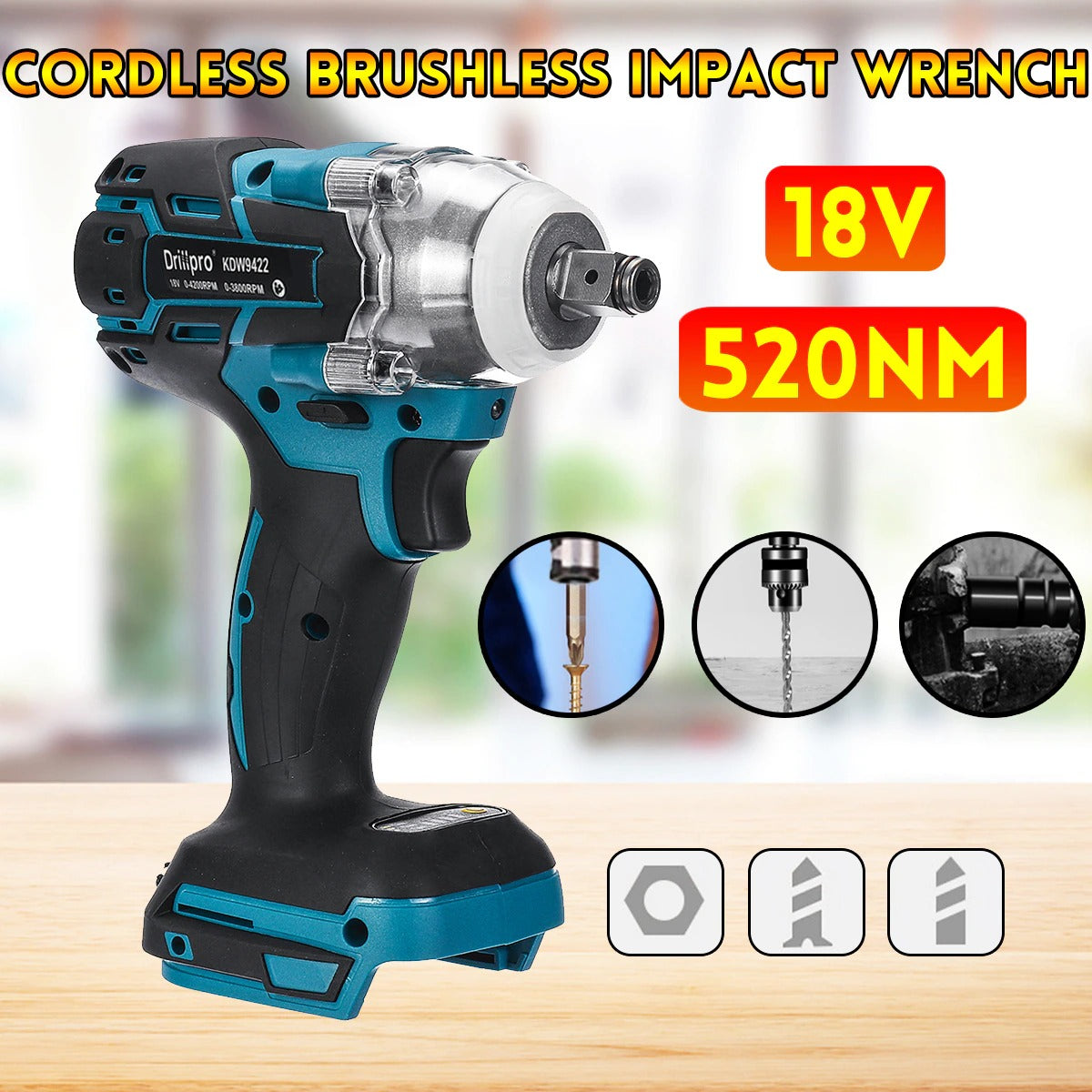 Drillpro Brushless Cordless Electric Impact Wrench Rechargeable