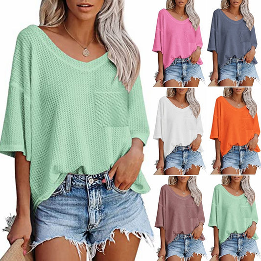 V-neck Shirts Women Summer Short Sleeve Green Tops With Patched Pocket