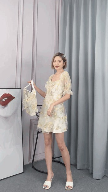 Sexy Puff Sleeve Lace Chiffon Print Mini Dress