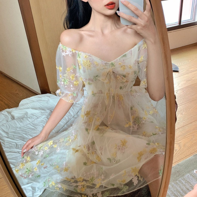 Sexy Puff Sleeve Lace Chiffon Print Mini Dress