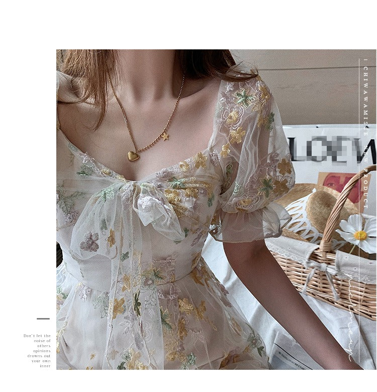 Sexy Puff Sleeve Lace Chiffon Print Mini Dress