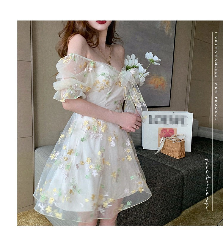 Sexy Puff Sleeve Lace Chiffon Print Mini Dress