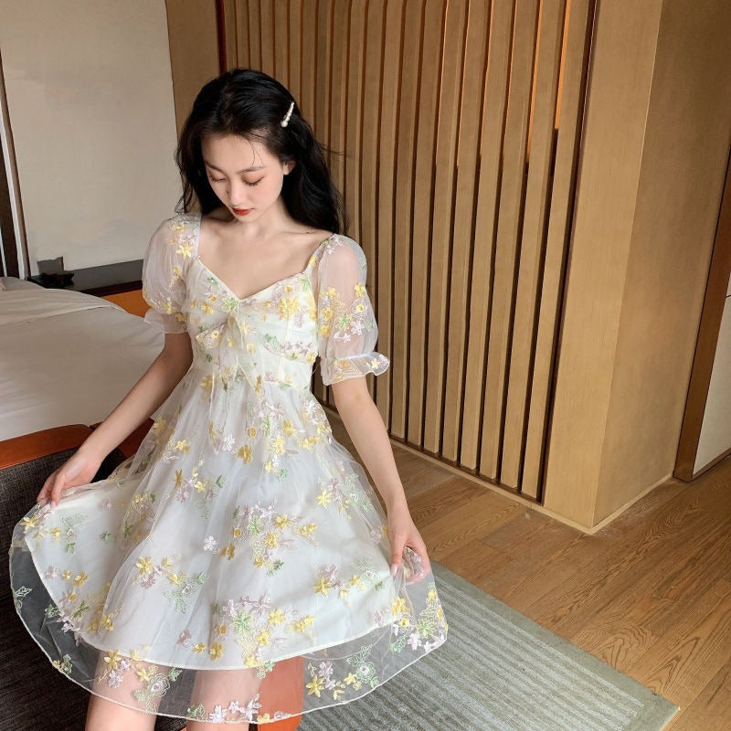 Sexy Puff Sleeve Lace Chiffon Print Mini Dress