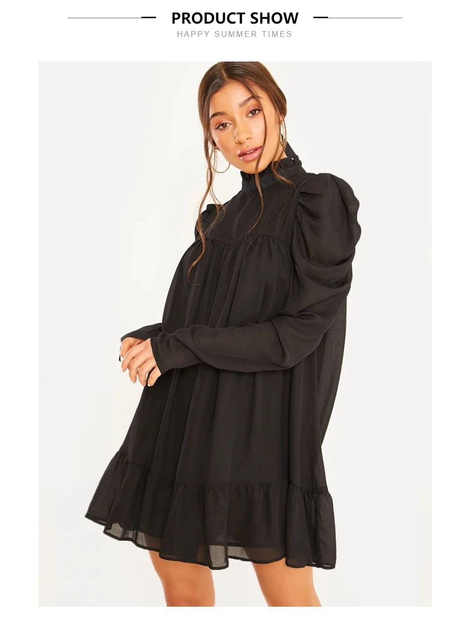 Puff Sleeve Turtleneck Ruffles A-Line plus size Chiffon Dresses