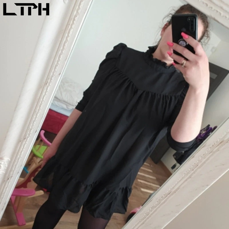 Puff Sleeve Turtleneck Ruffles A-Line plus size Chiffon Dresses