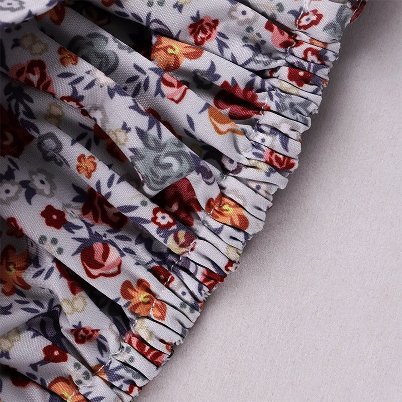 Floral Print Dress Sweet Square Neck Puff