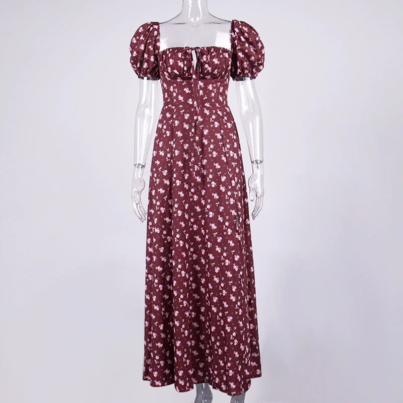 Floral Print Dress Sweet Square Neck Puff