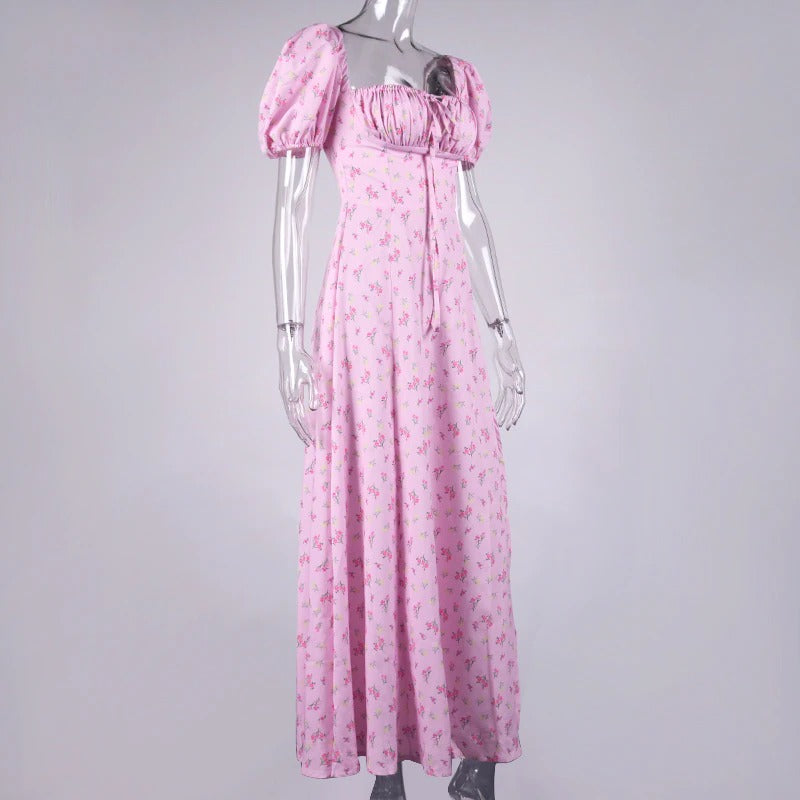 Floral Print Dress Sweet Square Neck Puff