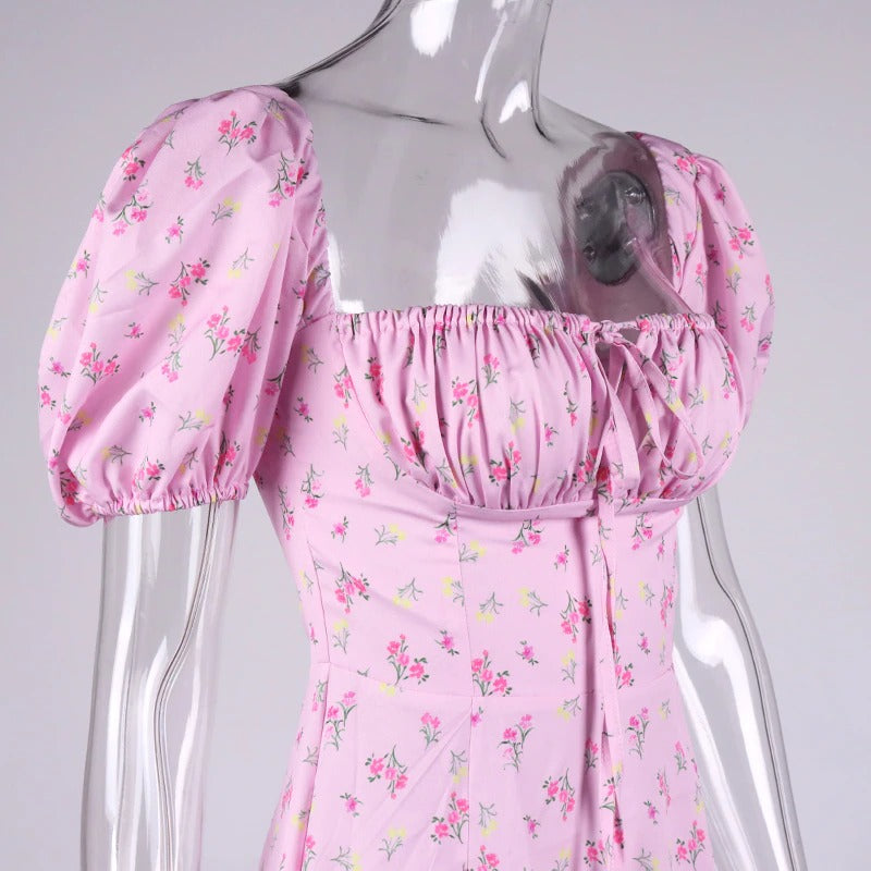 Floral Print Dress Sweet Square Neck Puff