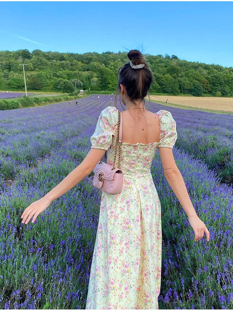 Floral Print Dress Sweet Square Neck Puff