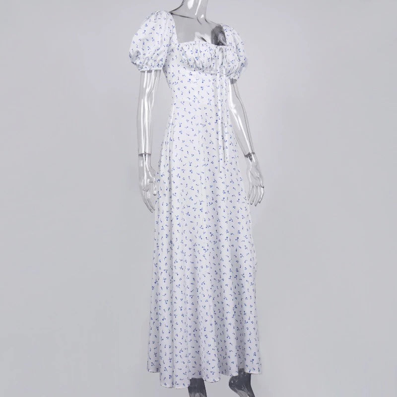 Floral Print Dress Sweet Square Neck Puff