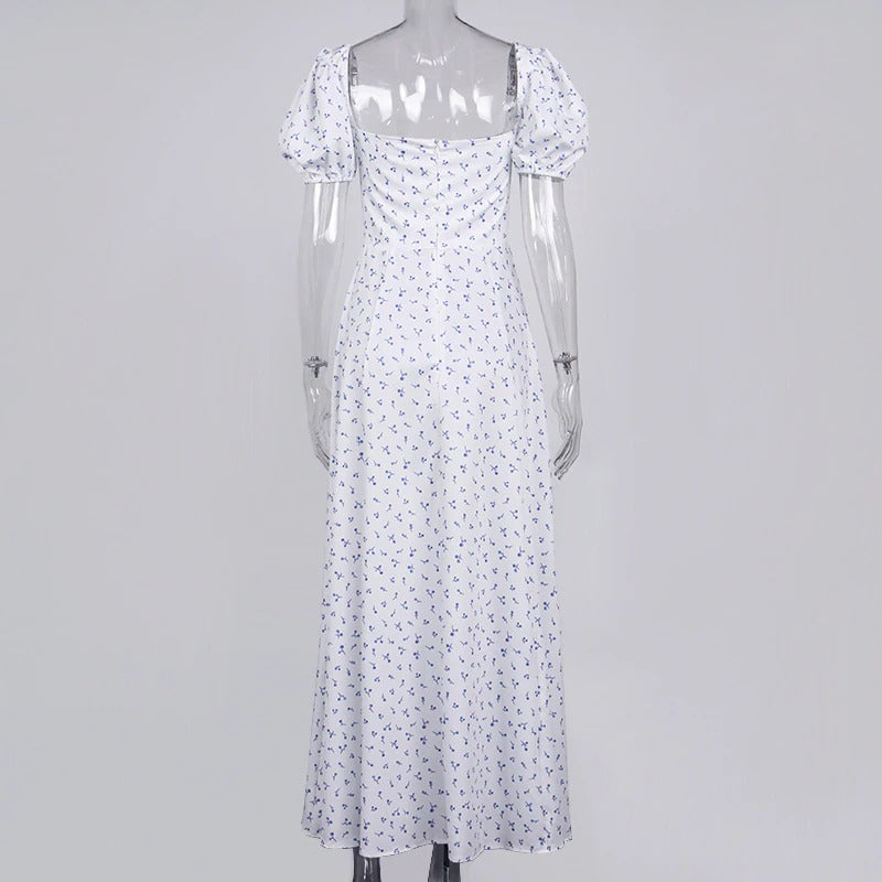 Floral Print Dress Sweet Square Neck Puff