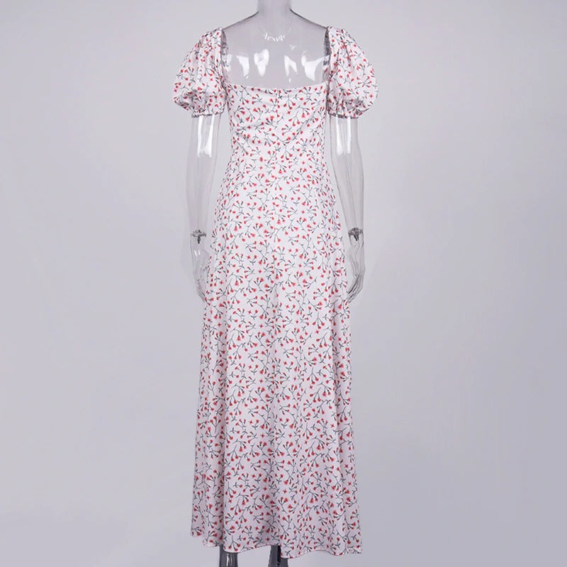 Floral Print Dress Sweet Square Neck Puff
