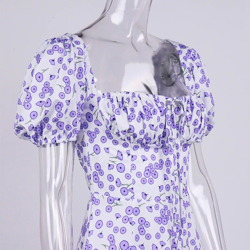 Floral Print Dress Sweet Square Neck Puff