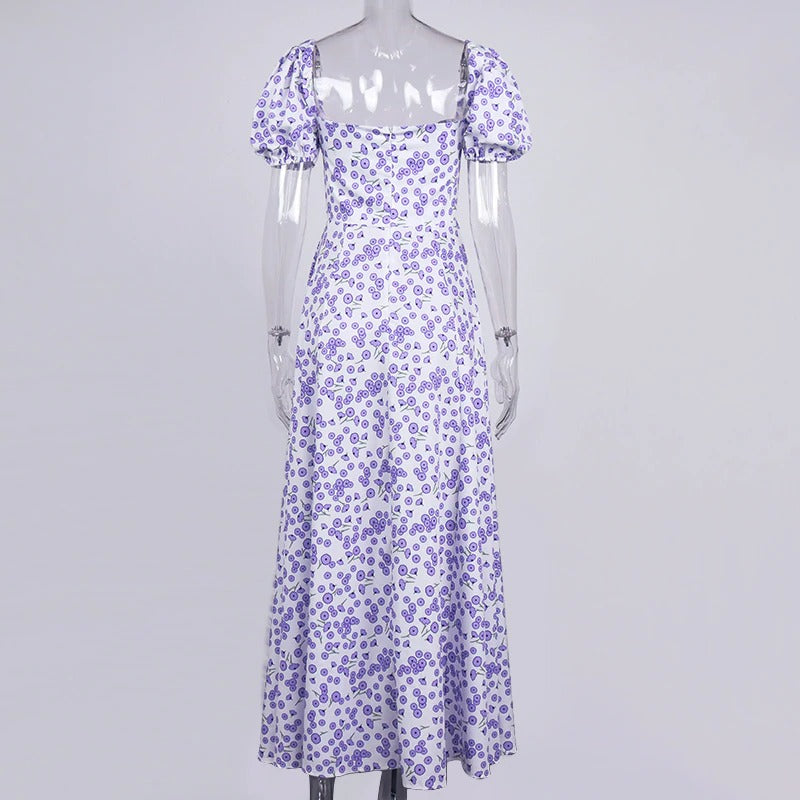 Floral Print Dress Sweet Square Neck Puff