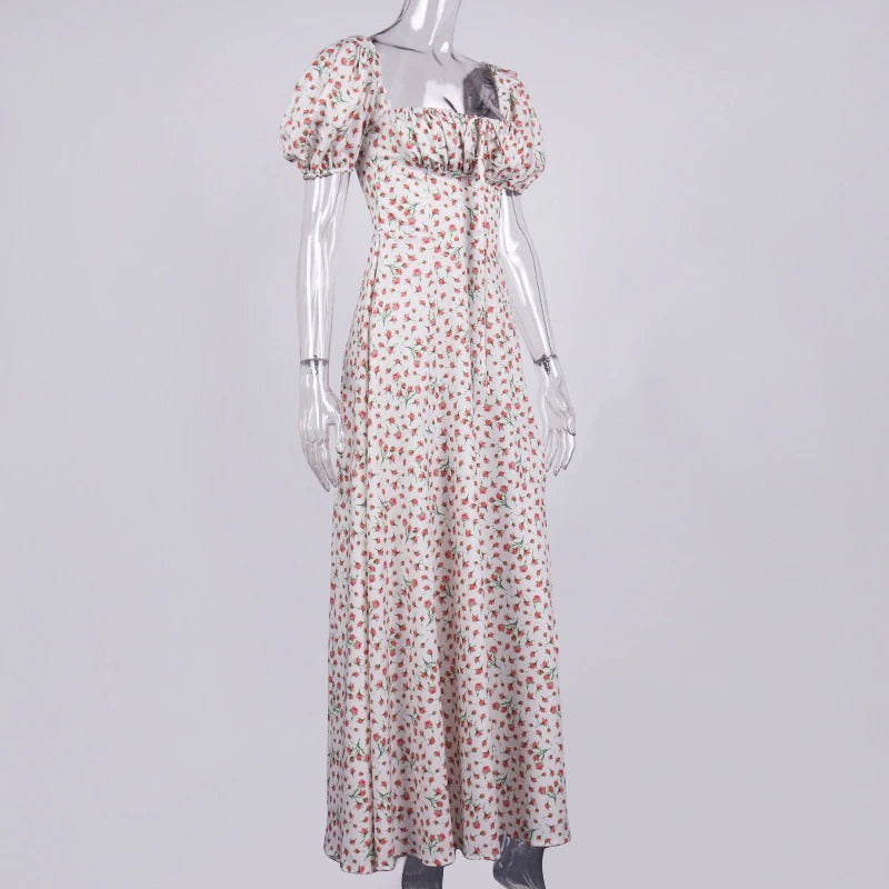Floral Print Dress Sweet Square Neck Puff