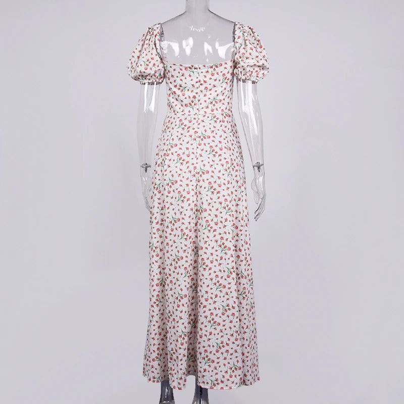 Floral Print Dress Sweet Square Neck Puff