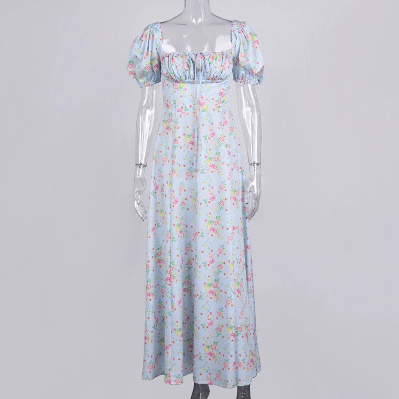 Floral Print Dress Sweet Square Neck Puff