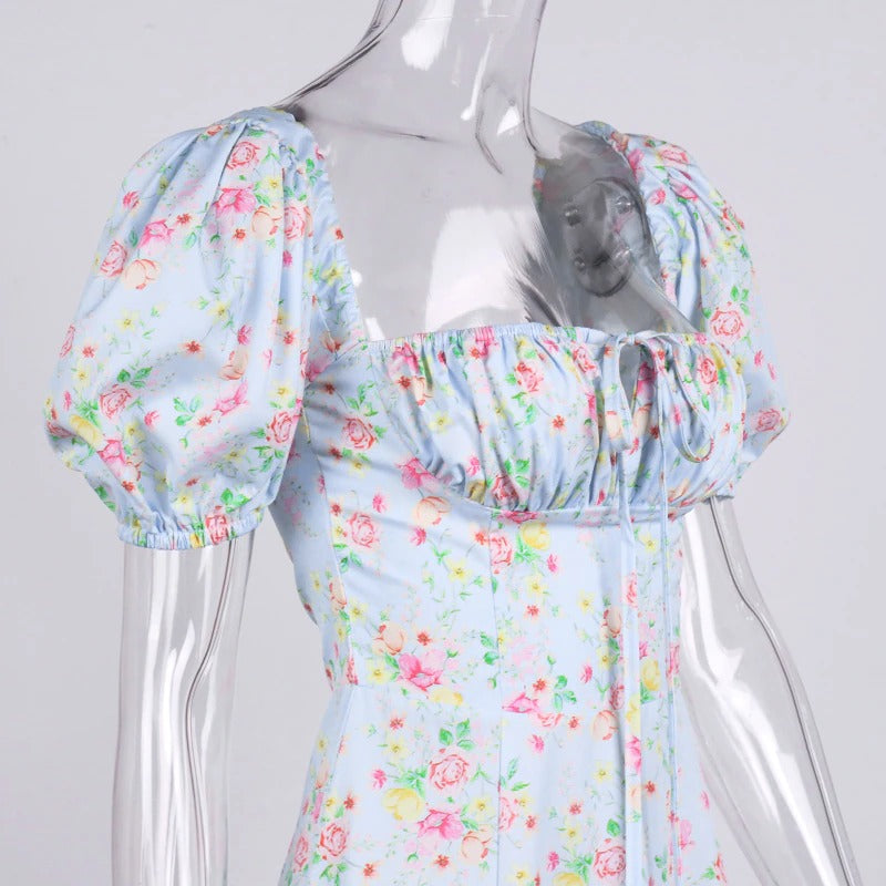 Floral Print Dress Sweet Square Neck Puff
