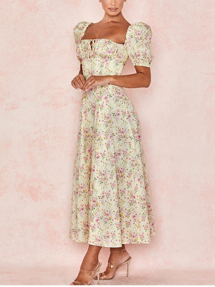 Floral Print Dress Sweet Square Neck Puff