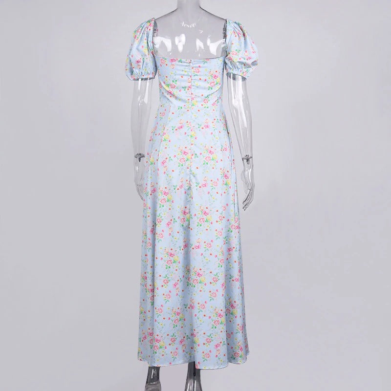 Floral Print Dress Sweet Square Neck Puff