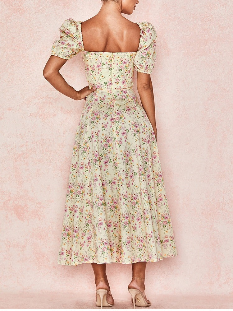 Floral Print Dress Sweet Square Neck Puff