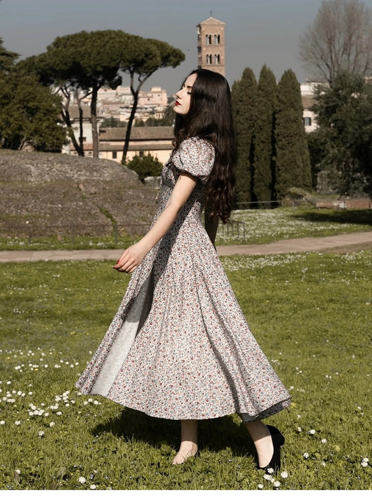 Floral Print Dress Sweet Square Neck Puff