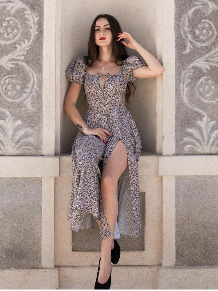 Floral Print Dress Sweet Square Neck Puff