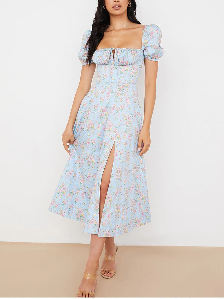 Floral Print Dress Sweet Square Neck Puff