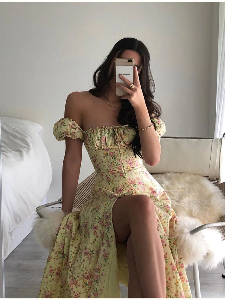 Floral Print Dress Sweet Square Neck Puff