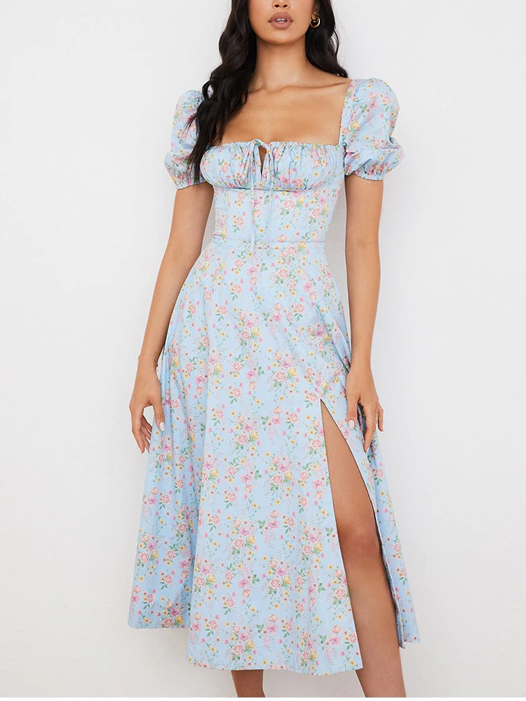 Floral Print Dress Sweet Square Neck Puff