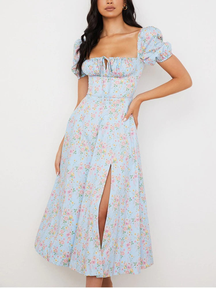 Floral Print Dress Sweet Square Neck Puff
