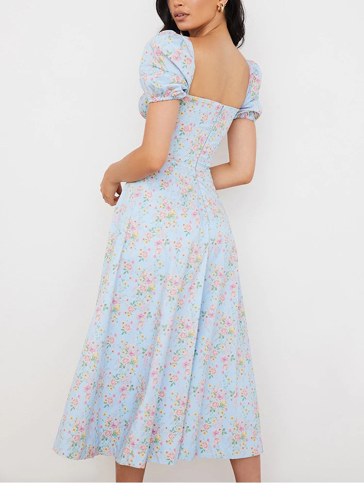 Floral Print Dress Sweet Square Neck Puff