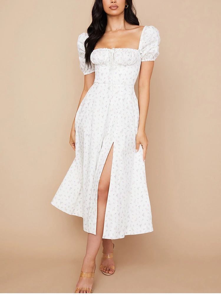 Floral Print Dress Sweet Square Neck Puff