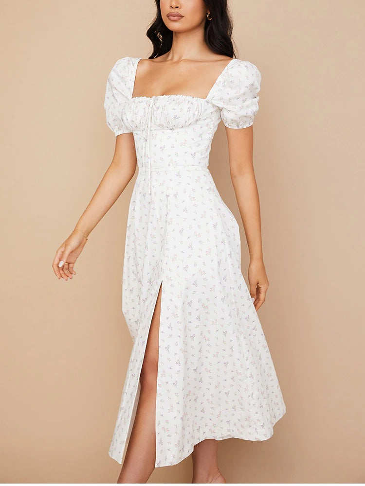 Floral Print Dress Sweet Square Neck Puff